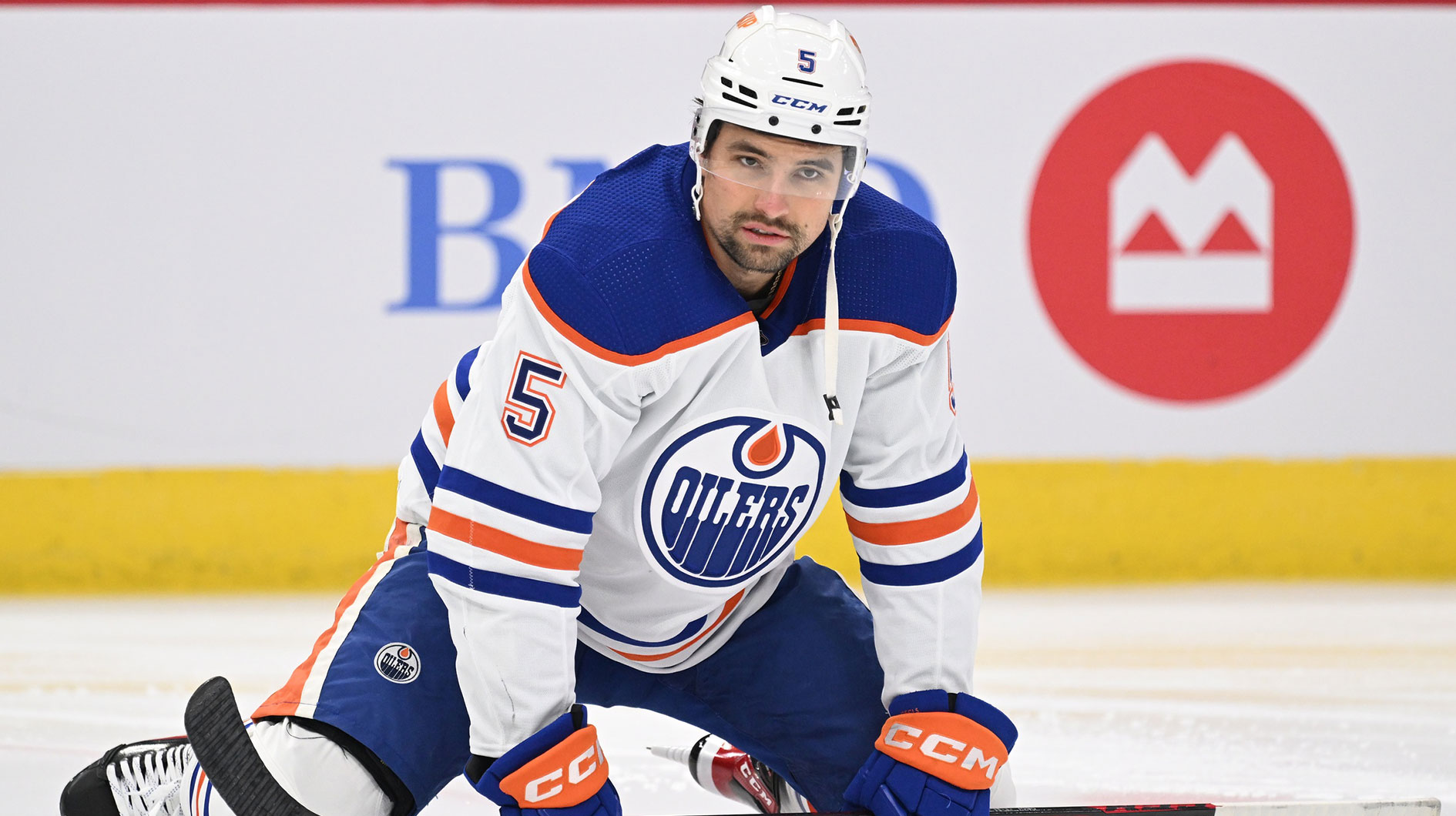 Edmonton Oilers defenseman Cody Ceci (5) warms up before a game against the Chicago Blackhawks at United Center.
