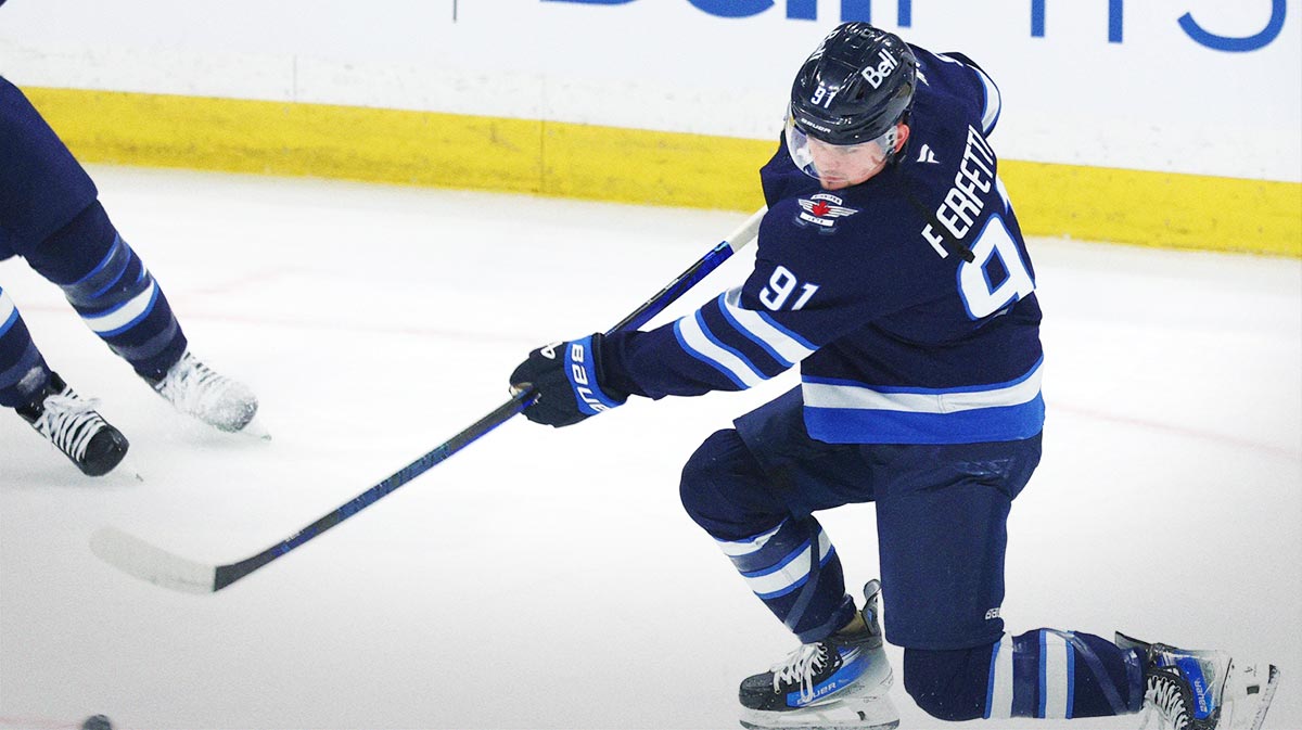 Winnipeg Jets center Cole Perfetti (91) warms up before a game against the Dallas Stars in game two of the second round of the 2025 Stanley Cup Playoffs at Canada Life Centre.