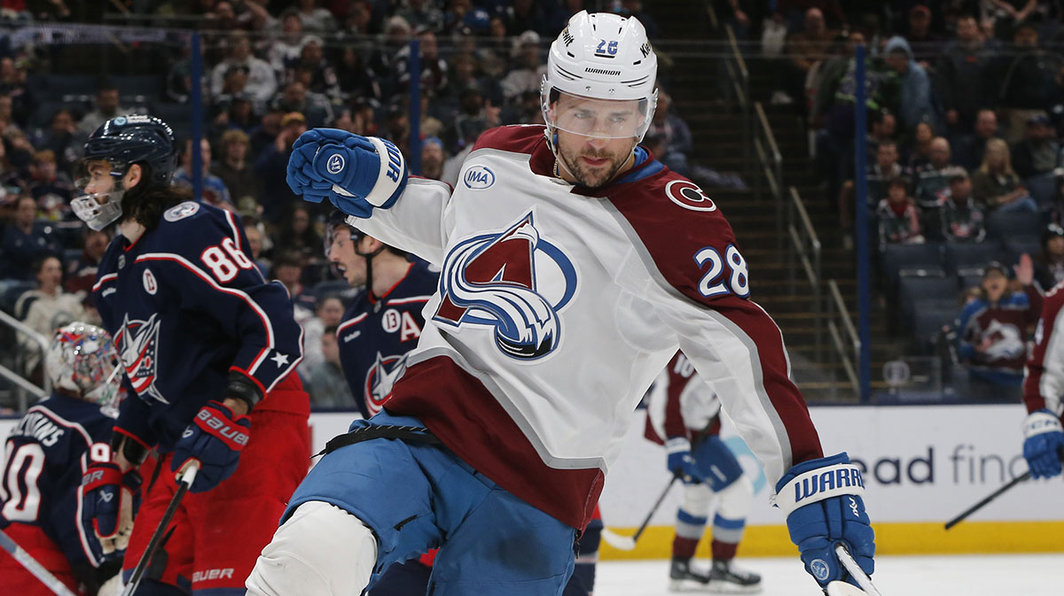 Colorado Avalanche left wing Miles Wood (28) celebrates his goal against the Columbus Blue Jackets during the third period at Nationwide Arena. 