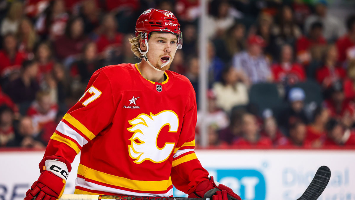 Calgary Flames center Connor Zary (47) skates against the Vancouver Canucks during the first period at Scotiabank Saddledome.