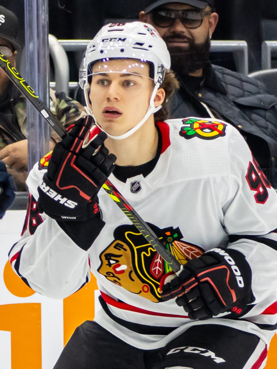 Connor Bedard in a match against the Seattle Kraken on Dec. 14 2023. Some Blackhawks fans have seen Bedard's second season as a "sophomore slump." (Photo credit: Jenn G via Flickr)
