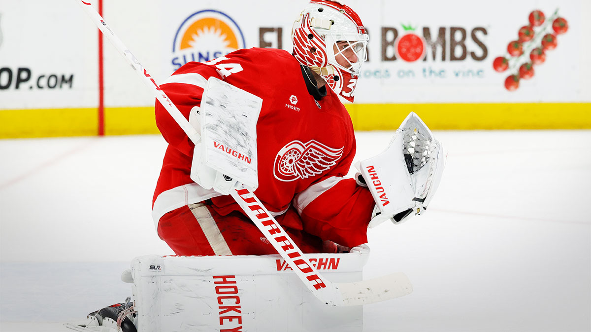 Detroit Red Wings goaltender Alex Lyon (34) makes a save in the first period against the Ottawa Senators at Little Caesars Arena.