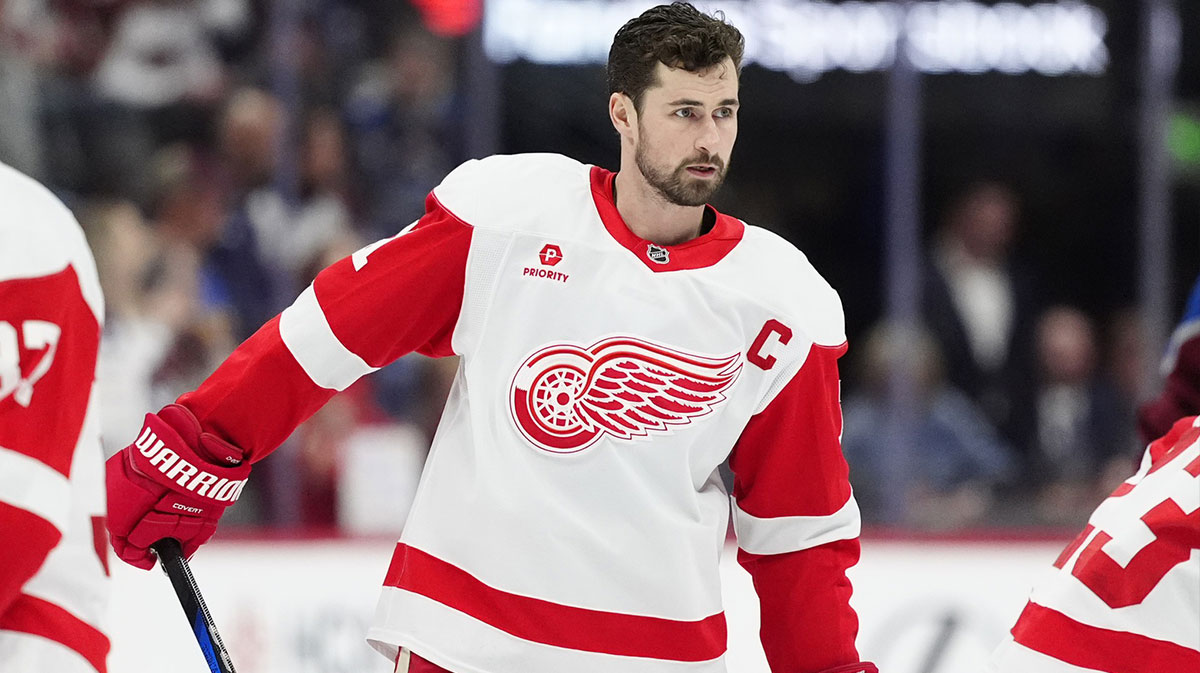Detroit Red Wings center Dylan Larkin (71) before the game against the Colorado Avalanche at Ball Arena.