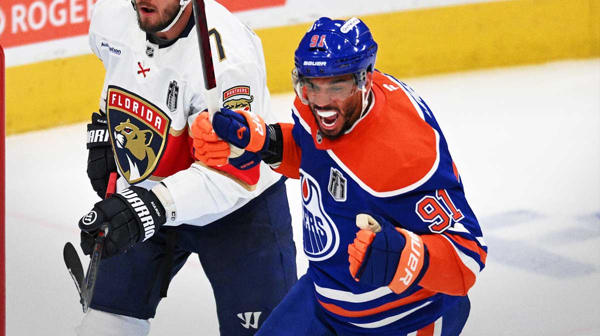  Edmonton Oilers left wing Evander Kane (91) reacts after Edmonton Oilers defenseman Mattias Ekholm (not pictured) scores a goal against the Florida Panthers during the third period in game one of the 2025 Stanley Cup Final at Rogers Place.