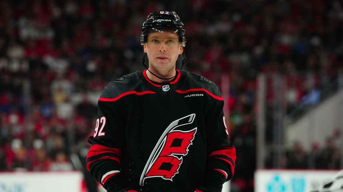Carolina Hurricanes center Evgeny Kuznetsov (92) looks on against the New York Rangers during the first period in game six of the second round of the 2024 Stanley Cup Playoffs at PNC Arena.