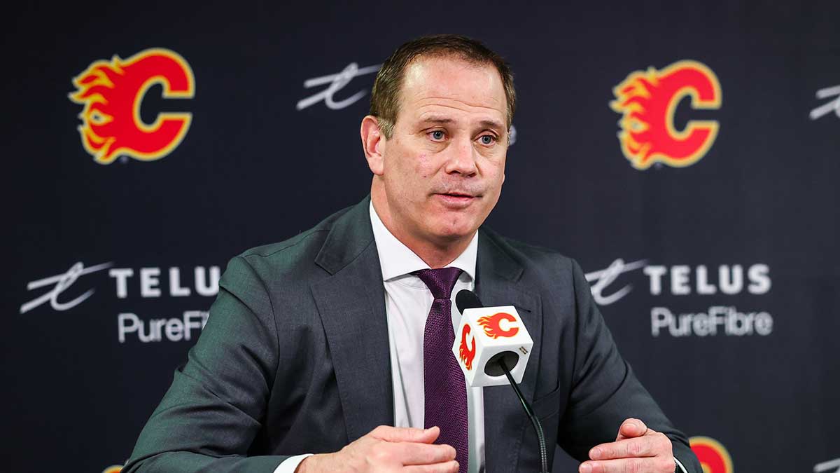 Jan 30, 2025; Calgary, Alberta, CAN; Calgary Flames general manager Craig Conroy during interview after the game against the Anaheim Ducks at Scotiabank Saddledome.