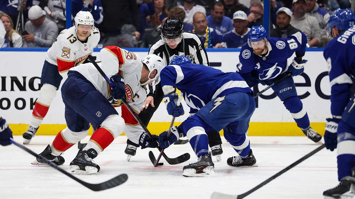  Florida Panthers center Aleksander Barkov (16) and Tampa Bay Lightning center Luke Glendening (11) face-off during eh second period in game two of the first round of the 2025 Stanley Cup Playoffs at Amalie Arena