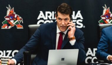 General manager Bill Armstrong of the Arizona Coyotes prepares for the first round of the 2021 NHL ...