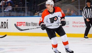 Garnet Hathaway #19 of Philadelphia Flyers skates against the New York Islanders during a preseason game at UBS Arena on September 27, 2023 in Elmont, New York.