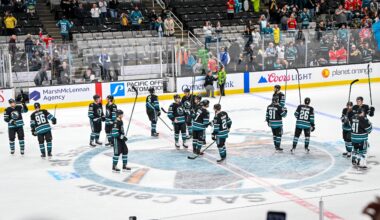 San Jose Sharks players celebrate after a win.