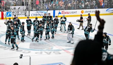 San Jose Sharks team saluting the fans after a win.