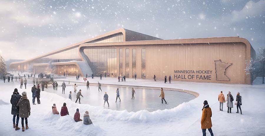 Rendering of a proposed museum and performance hall at the Minnesota Hockey Hall of Fame