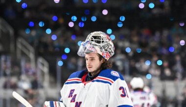 Igor Shesterkin in net for the New York Rangers. Photo by Amanda Cain/NHLI