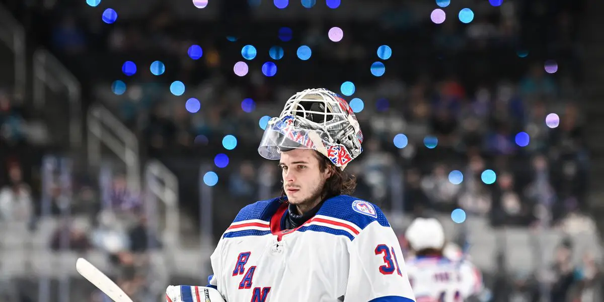 Igor Shesterkin in net for the New York Rangers. Photo by Amanda Cain/NHLI