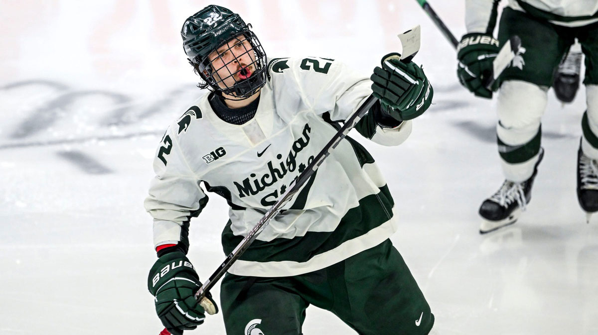 Michigan State's Isaac Howard celebrates his goal against Notre Dame during the third period in the Big Ten tournament