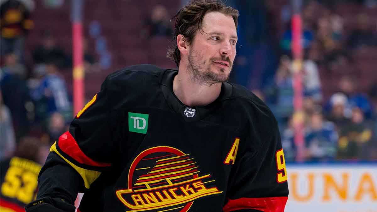Vancouver Canucks forward J.T. Miller (9) skates during warm up prior to a game against the Washington Capitals at Rogers Arena.