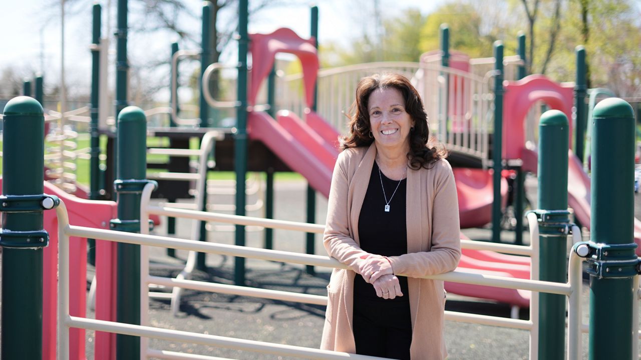 Jane Gaudreau, mother of hockey players Johnny and Matthew Gaudreau, who were fatally struck by a motorist while riding bicycles, poses for a portrait at Archbishop Damiano School in Westville, N.J., Wednesday, April 9, 2025.