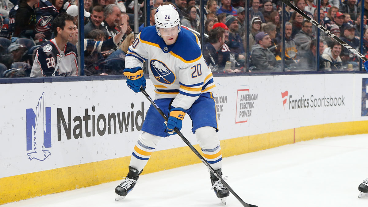 Buffalo Sabres center Jiri Kulich (20) picks up a loose puck against the Columbus Blue Jackets during the first period at Nationwide Arena.