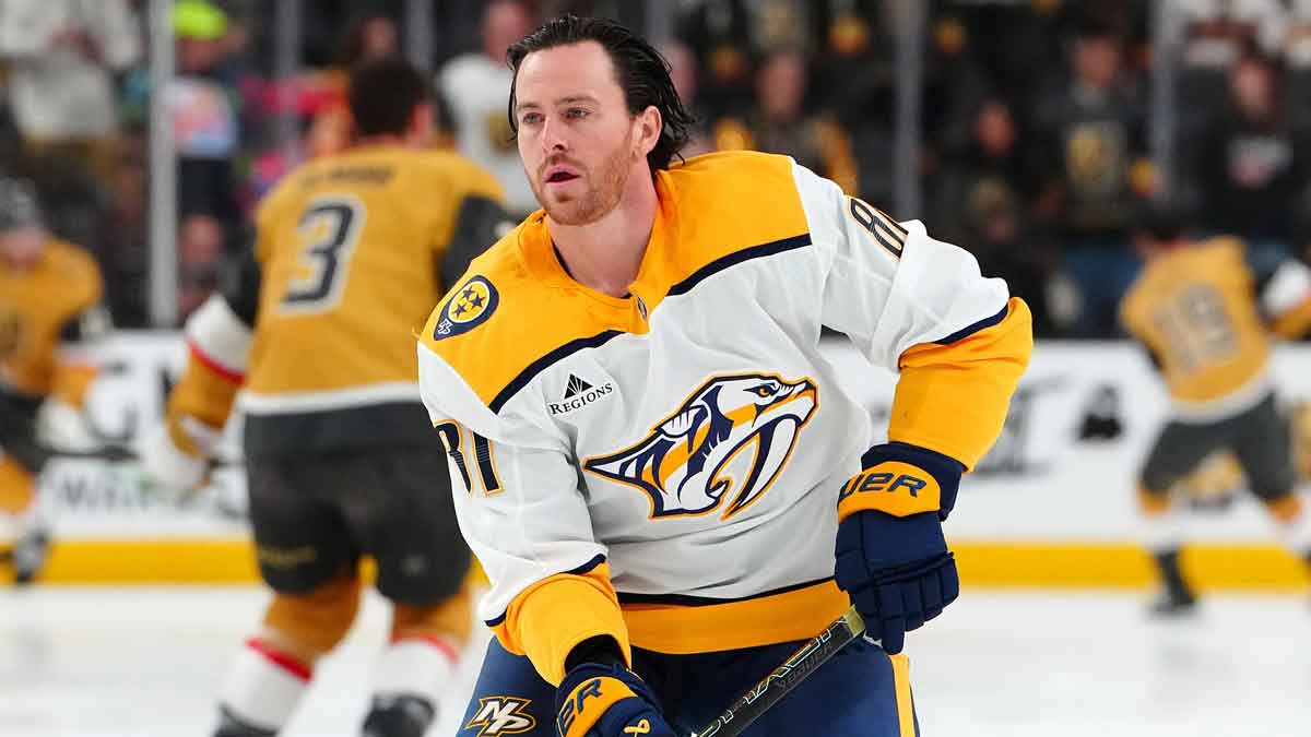 Nashville Predators center Jonathan Marchessault (81) warms up before a game against the Vegas Golden Knights at T-Mobile Arena