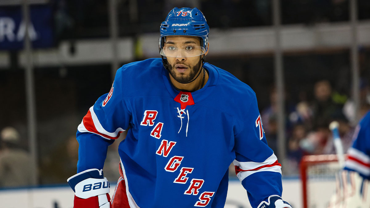 New York Rangers defenseman K'Andre Miller (79) skates against the Vancouver Canucks during the second period at Madison Square Garden.