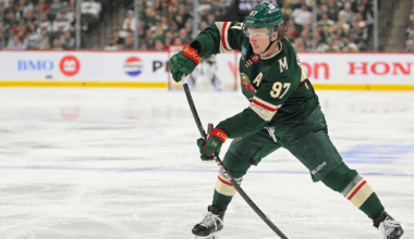 Minnesota Wild defenseman Zeev Buium (8) takes a rookie lap before making his NHL debut against the Vegas Golden Knights in game one of the first round of the 2025 Stanley Cup Playoffs