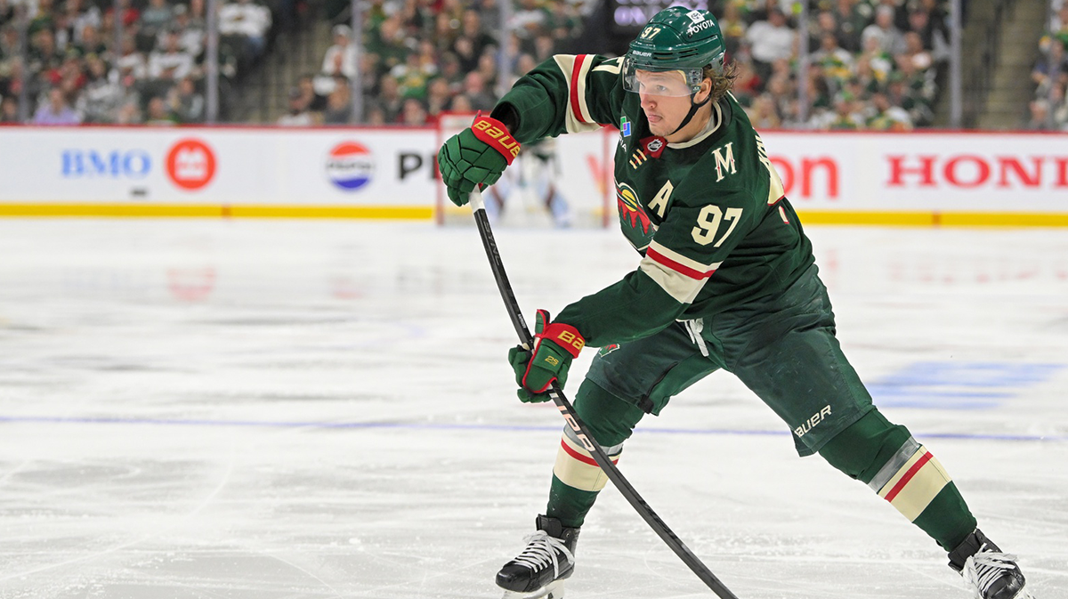 Minnesota Wild defenseman Zeev Buium (8) takes a rookie lap before making his NHL debut against the Vegas Golden Knights in game one of the first round of the 2025 Stanley Cup Playoffs