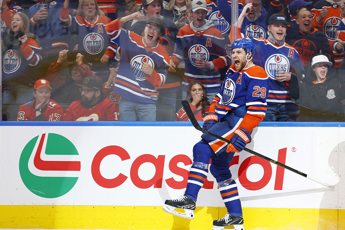 Edmonton Oilers forward Leon Draisaitl (29) celebrates after scoring his 50th goal of the season during the third period against the Calgary Flames at Rogers Place.