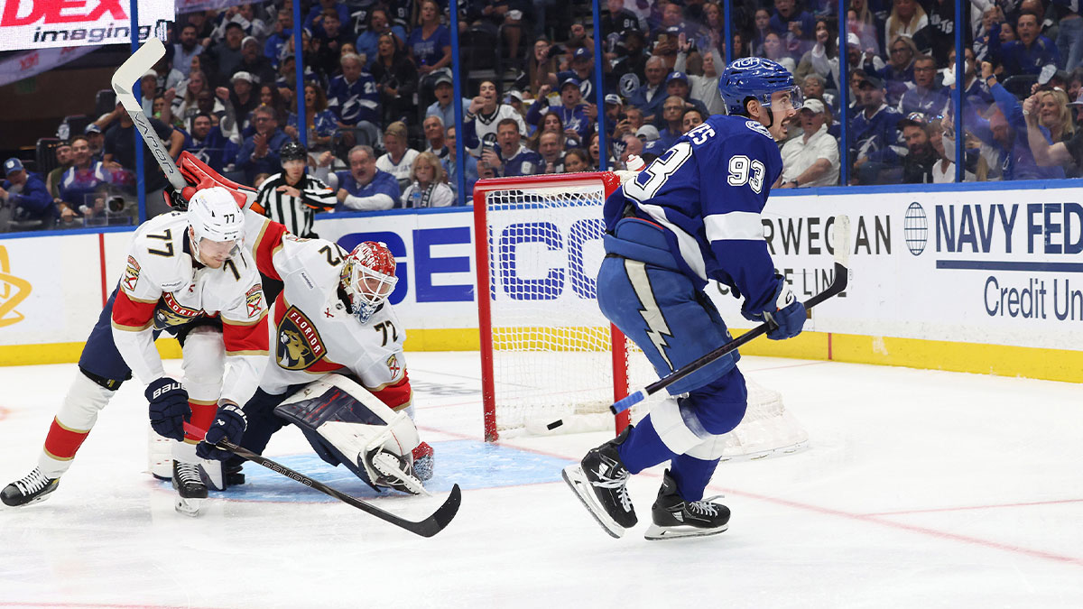Tampa Bay Lightning center Gage Goncalves (93) celebrates after he scores a goal on Florida Panthers goaltender Sergei Bobrovsky (72) during the first period of game five of the first round of the 2025 Stanley Cup Playoffs at Amalie Arena.