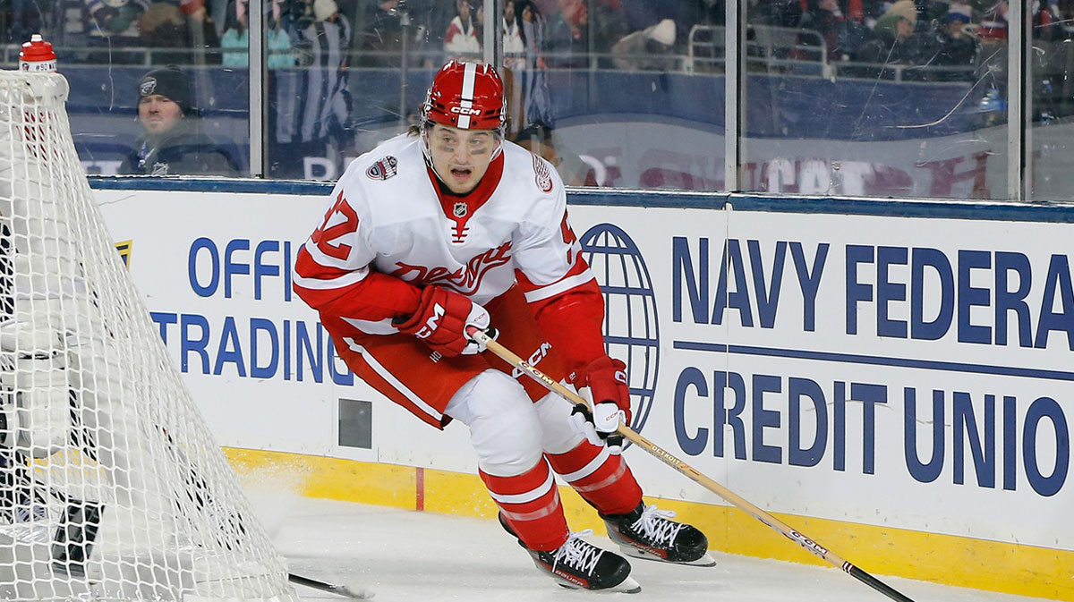 Detroit Red Wings center Marco Kasper (92) controls the puck against the Columbus Blue Jackets during the third period at Ohio Stadium.