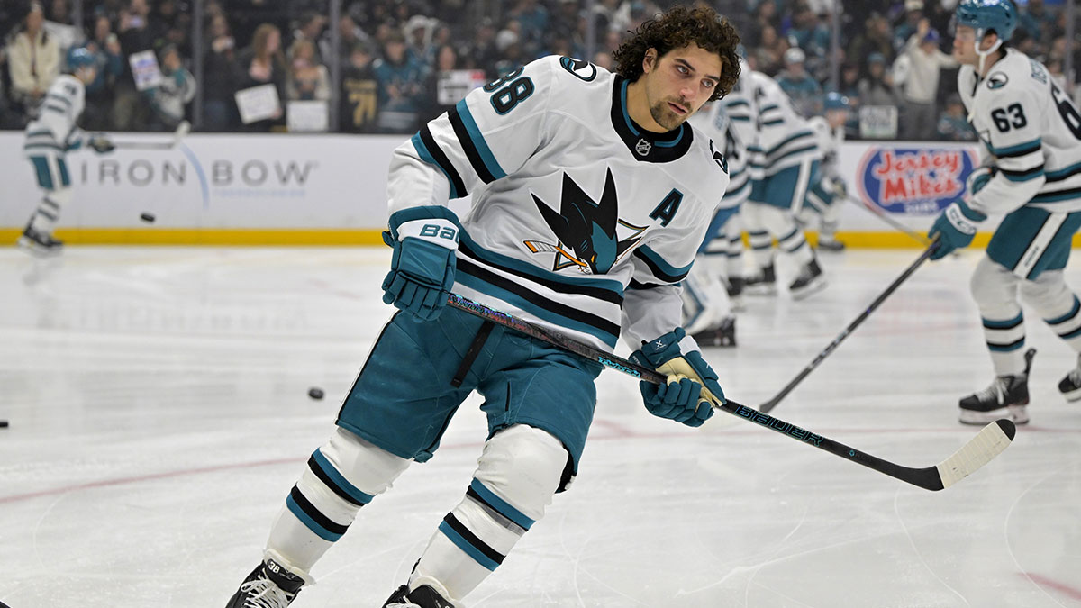 San Jose Sharks defenseman Mario Ferraro (38) warms up prior to the game against the Los Angeles Kings at Crypto.com Arena.