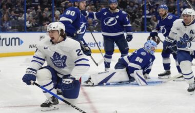 Toronto left wing Matthew Knies celebrates after scoring against past Tampa Bay during the third period on Wednesday night.