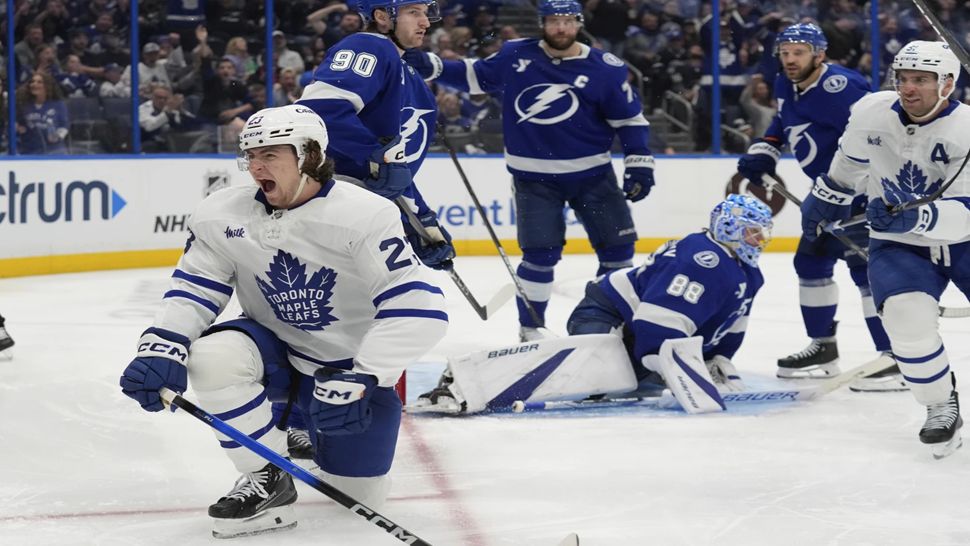 Toronto left wing Matthew Knies celebrates after scoring against past Tampa Bay during the third period on Wednesday night.