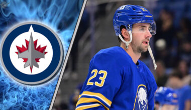 An image of Mattias Samuelsson in his Buffalo Sabres jersey, looking focused during a game, with the Winnipeg Jets logo in the background.