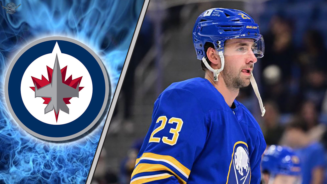 An image of Mattias Samuelsson in his Buffalo Sabres jersey, looking focused during a game, with the Winnipeg Jets logo in the background.