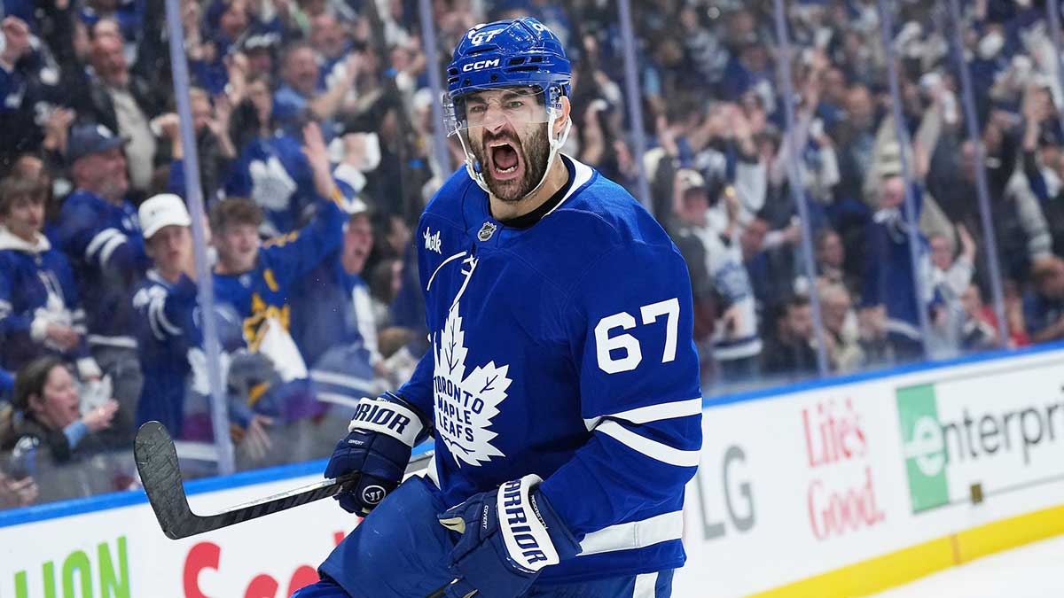 Toronto Maple Leafs left wing Max Pacioretty (67) celebrates after scoring a goal against the Florida Panthers during the first period in game two of the second round of the 2025 Stanley Cup Playoffs at Scotiabank Arena.