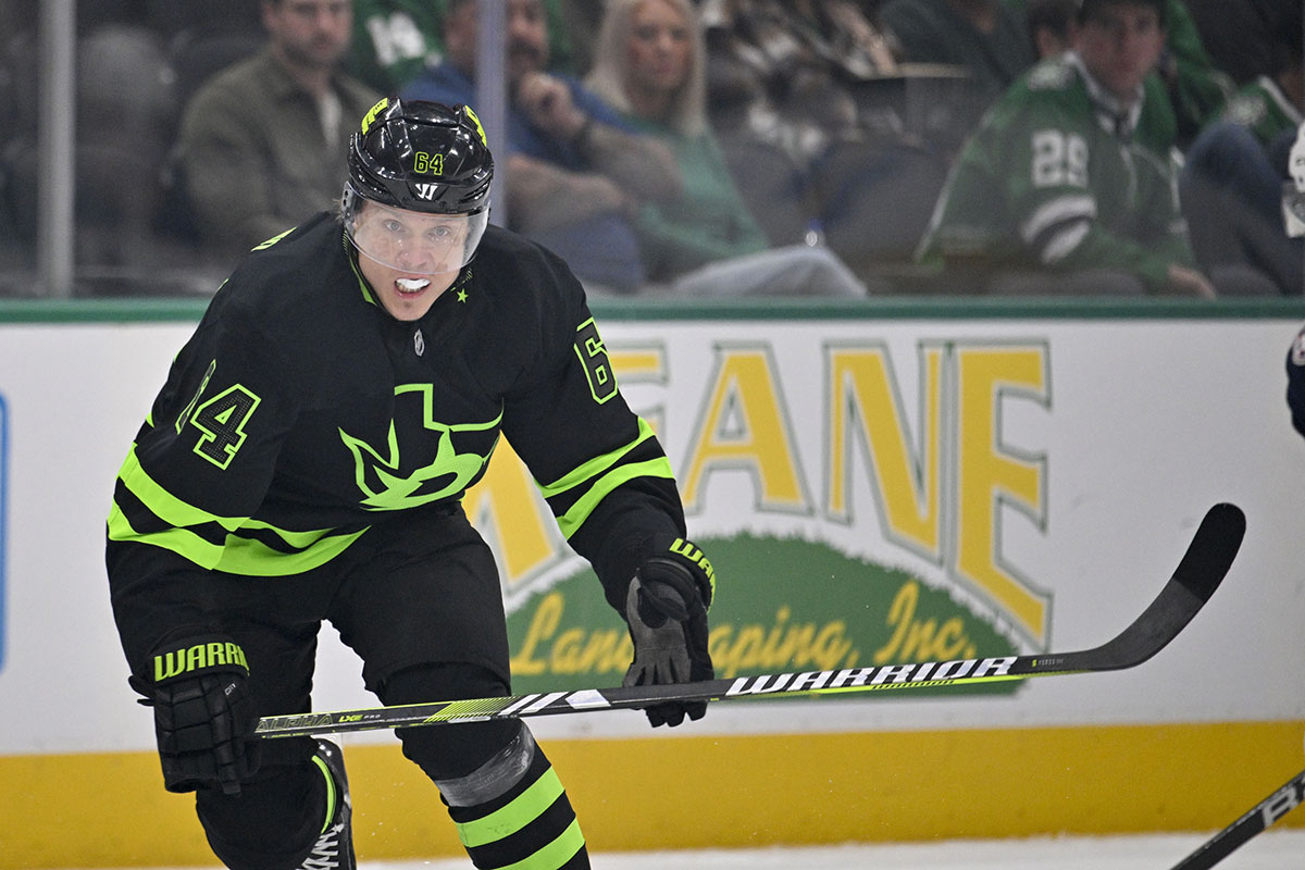 Dallas Stars center Mikael Granlund (64) skates against the Columbus Blue Jackets during the first period at the American Airlines Center.