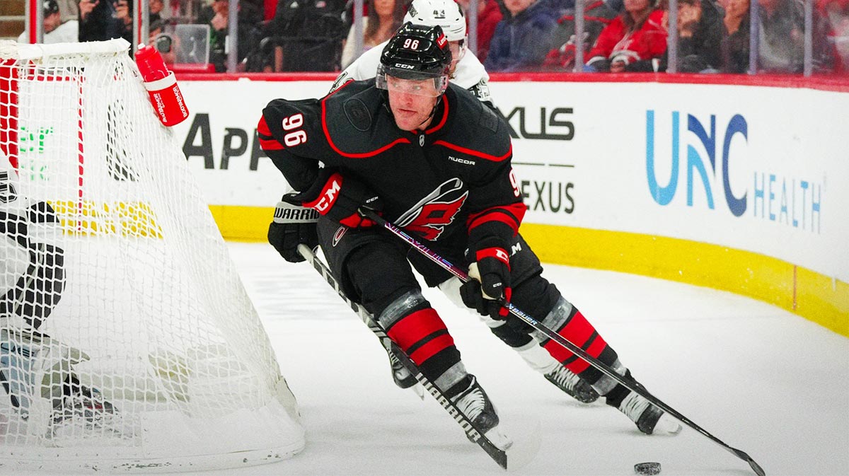 Carolina Hurricanes right wing Mikko Rantanen (96) skates with the puck against the Los Angeles Kings during the third period at Lenovo Center