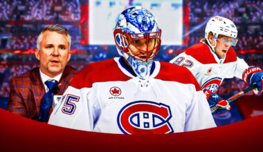 Montreal Canadiens right wing Ivan Demidov (93) and left wing Juraj Slafkovsky (20) wait for a face-off beside each other during the third period in game four of the first round of the 2025 Stanley Cup Playoffs at Bell Centre.