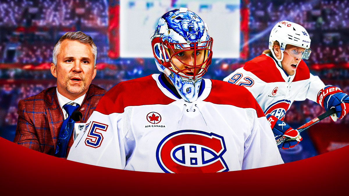 Montreal Canadiens right wing Ivan Demidov (93) and left wing Juraj Slafkovsky (20) wait for a face-off beside each other during the third period in game four of the first round of the 2025 Stanley Cup Playoffs at Bell Centre.