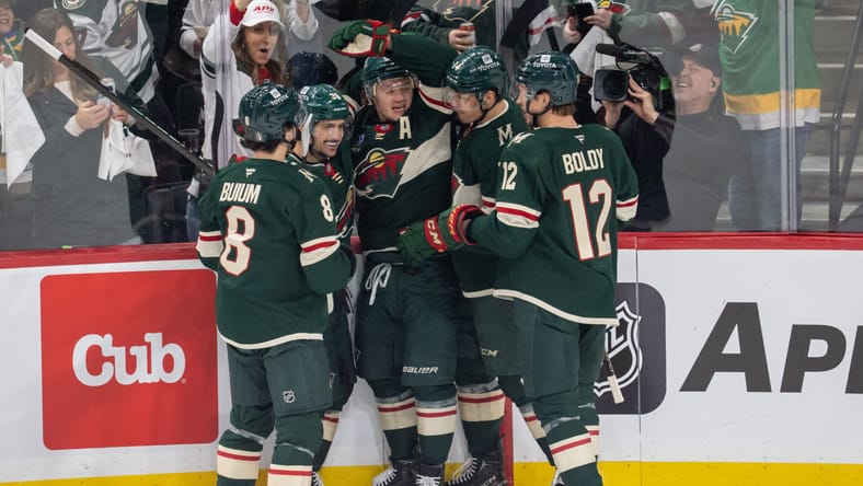 Kirill Kaprizov celebrates goal - NHL Stanley Cup Playoffs-Vegas Golden Knights at Minnesota Wild