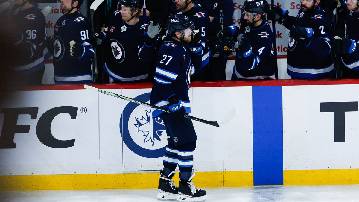 Winnipeg Jets forward Nikolaj Ehlers (27) is congratulated by his teammates after his goal against the Dallas Stars during the third period in game five of the second round of the 2025 Stanley Cup Playoffs at Canada Life Centre.