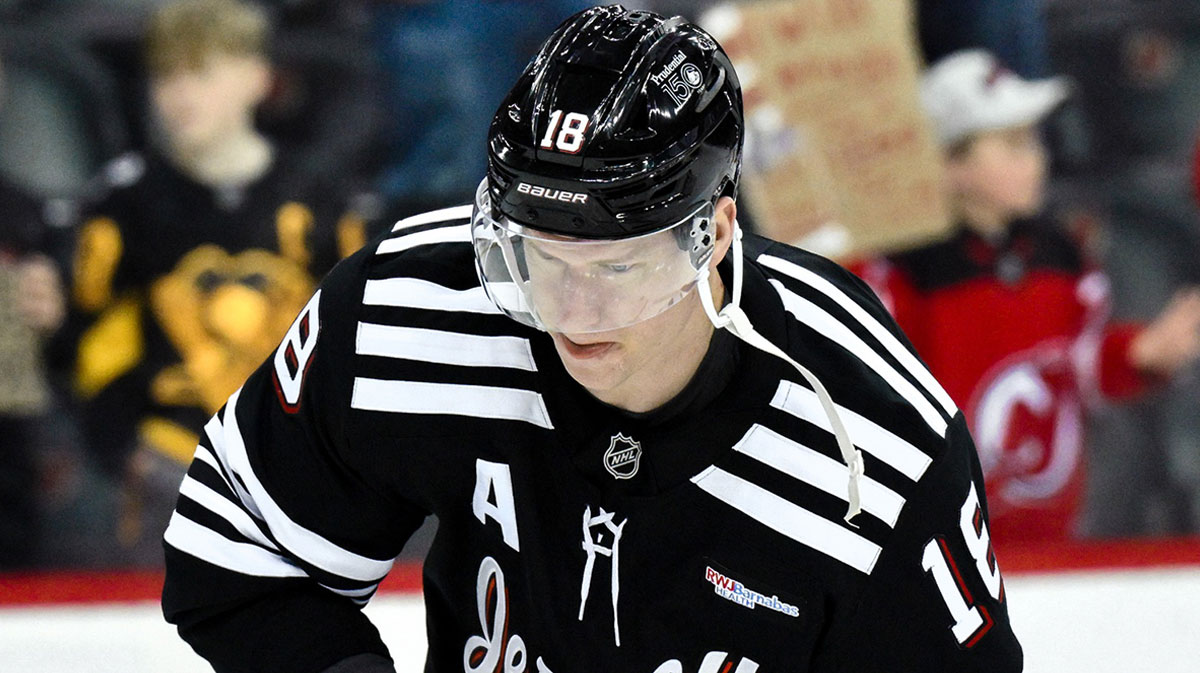 New Jersey Devils left wing Ondrej Palat (18) warms up prior to a game against the Pittsburgh Penguins at Prudential Center.