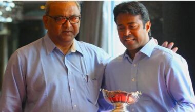 Dr Vece Paes with his son Leander Paes as the tennis ace celebrates his 15th Grand Slam title at a Mumbai hotel. (Express Photo by Ganesh Shirsekar)