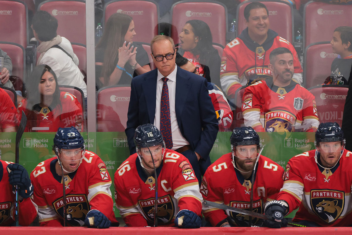 Florida Panthers head coach Paul Maurice watches from the bench against the New York Islanders during the third period at Amerant Bank Arena.