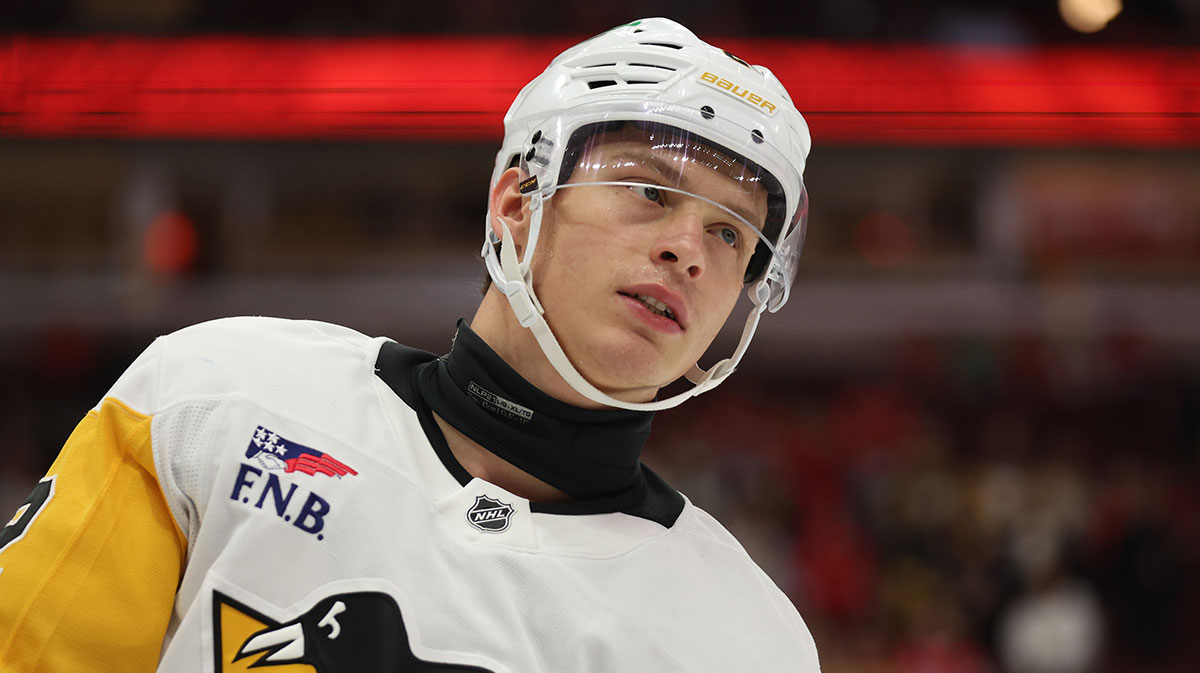 Pittsburgh Penguins right wing Rutger McGroarty (2) warms up before a game against the Chicago Blackhawks at United Center.