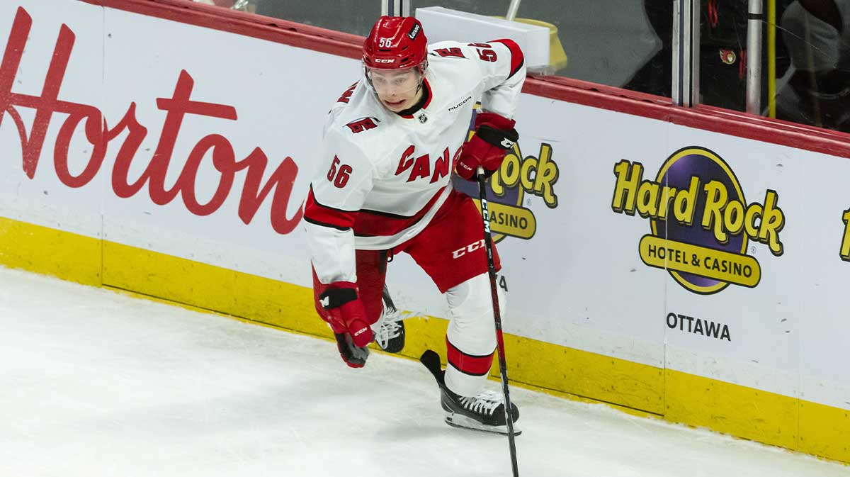 Carolina Hurricanes Defenseman Scott Morrow (56) controls the puck in the third period against the Ottawa Senators at the Canadian Tire Centre.