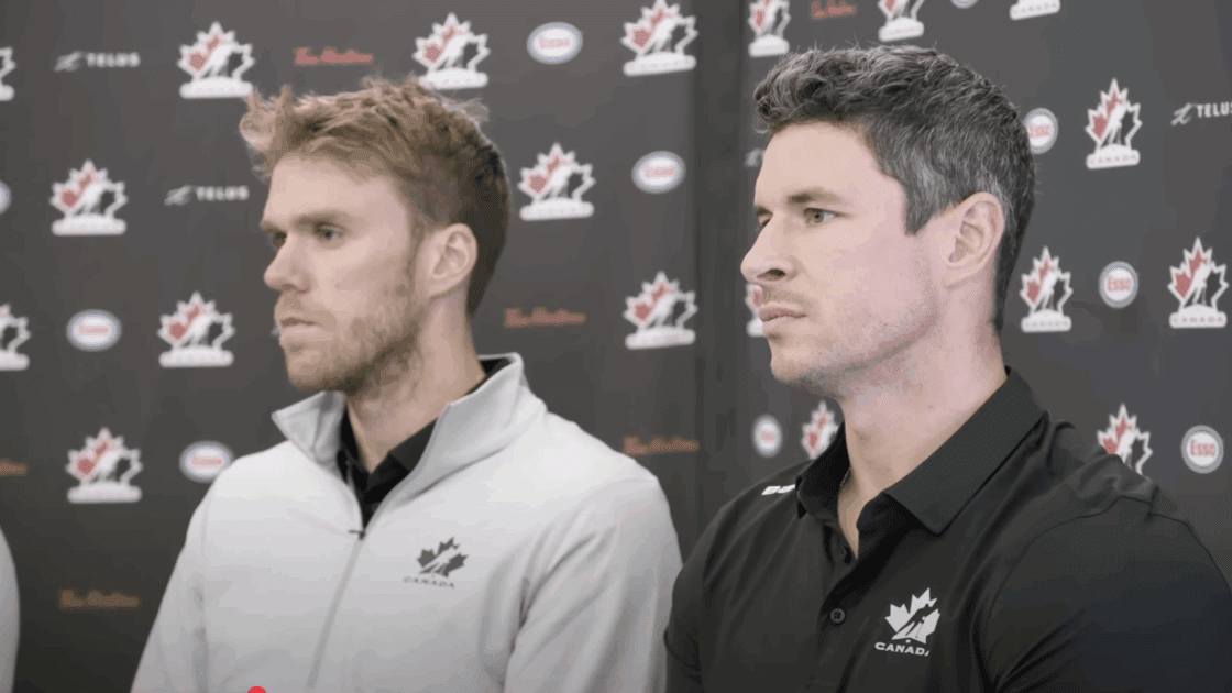 Pittsburgh Penguins and Team Canada captain Sidney Crosby (right), Connor McDavid, background