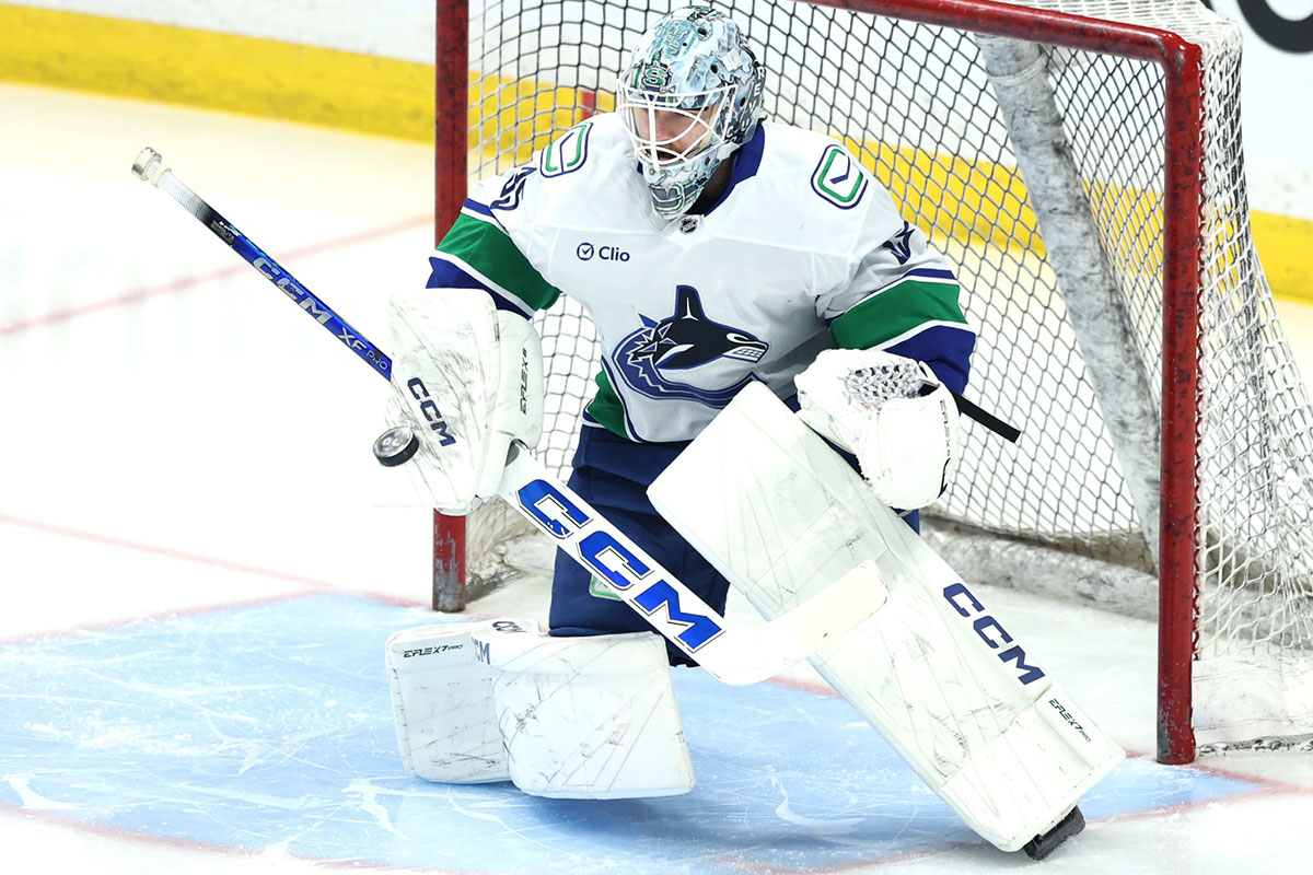 Vancouver Canucks goaltender Thatcher Demko (35) warms up before a game against the Winnipeg Jets at Canada Life Centre.