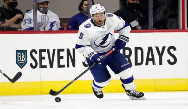 FILE - Tampa Bay Lightning's Tyler Johnson moves the puck against the Carolina Hurricanes during the second period of an NHL hockey game in Raleigh, N.C., Thursday, Jan. 28, 2021. (AP Photo/Karl B DeBlaker, File)