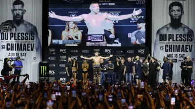 Aug 15, 2025; Chicago, Illinois, UNITED STATES; Dricus Du Plessis during weigh ins for UFC 319 at Radius Chicago.